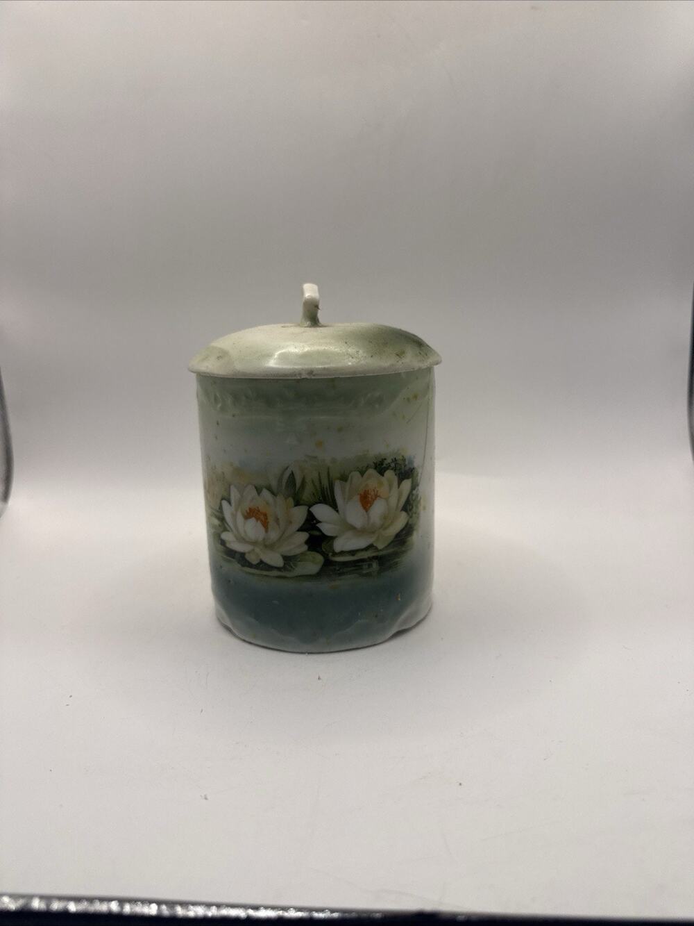 Antique Porcelain Covered Jar Canister Water Lily Floral Green Handled Lid *